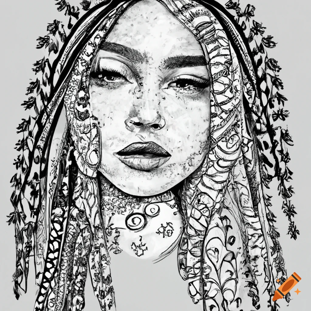 black and white sketch of a boho girl