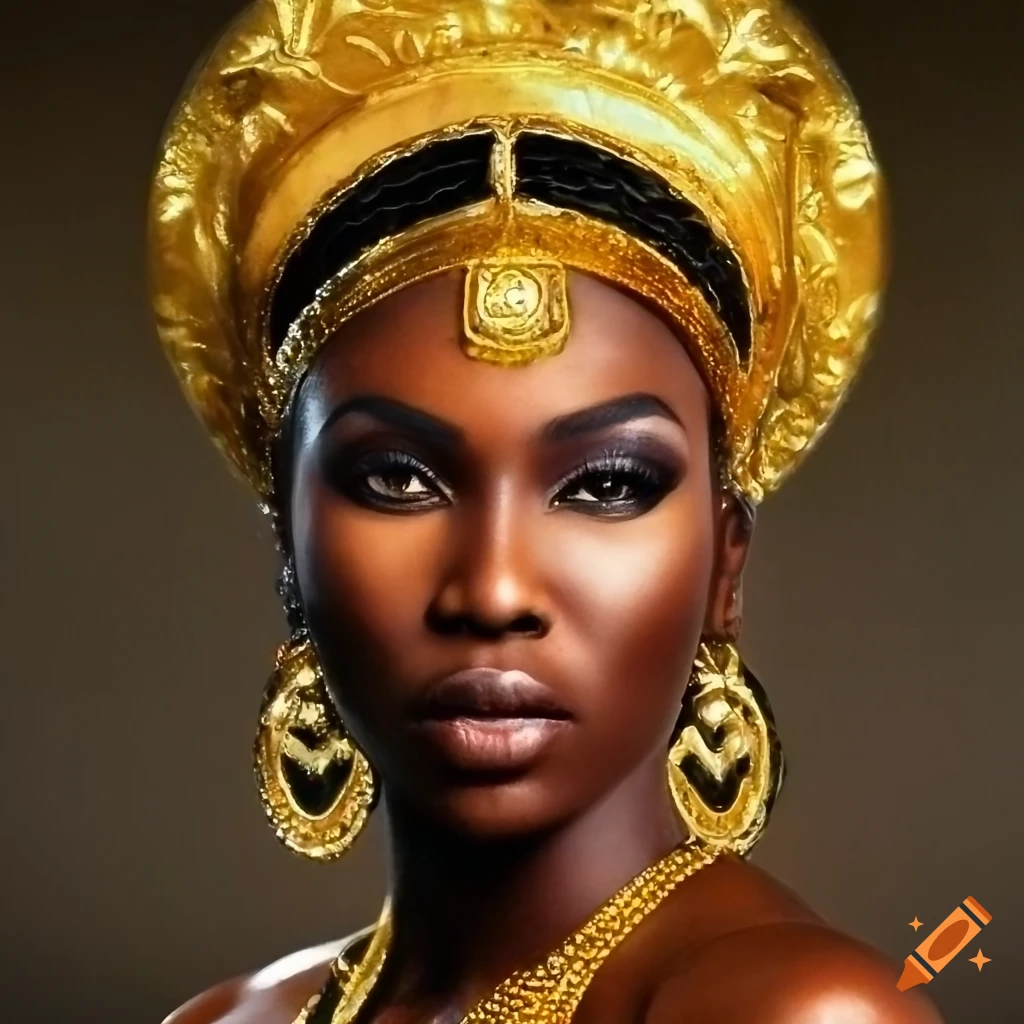 intricately detailed mixed media artwork of an ebony woman with golden patterns