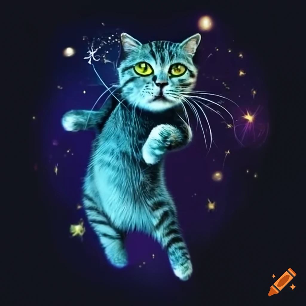 Artistic depiction of a dancing cat under starry night on Craiyon