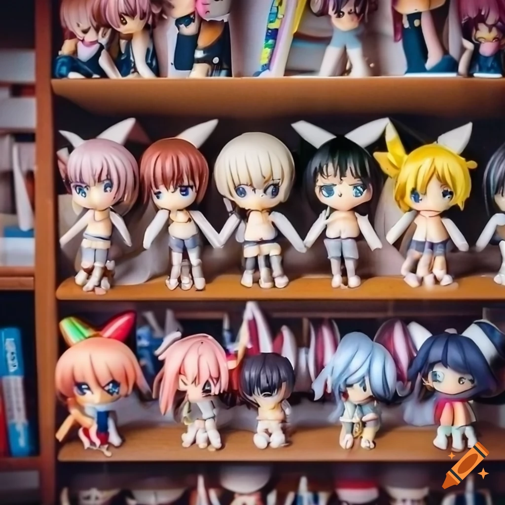 Shelf filled with anime chibi figures on Craiyon