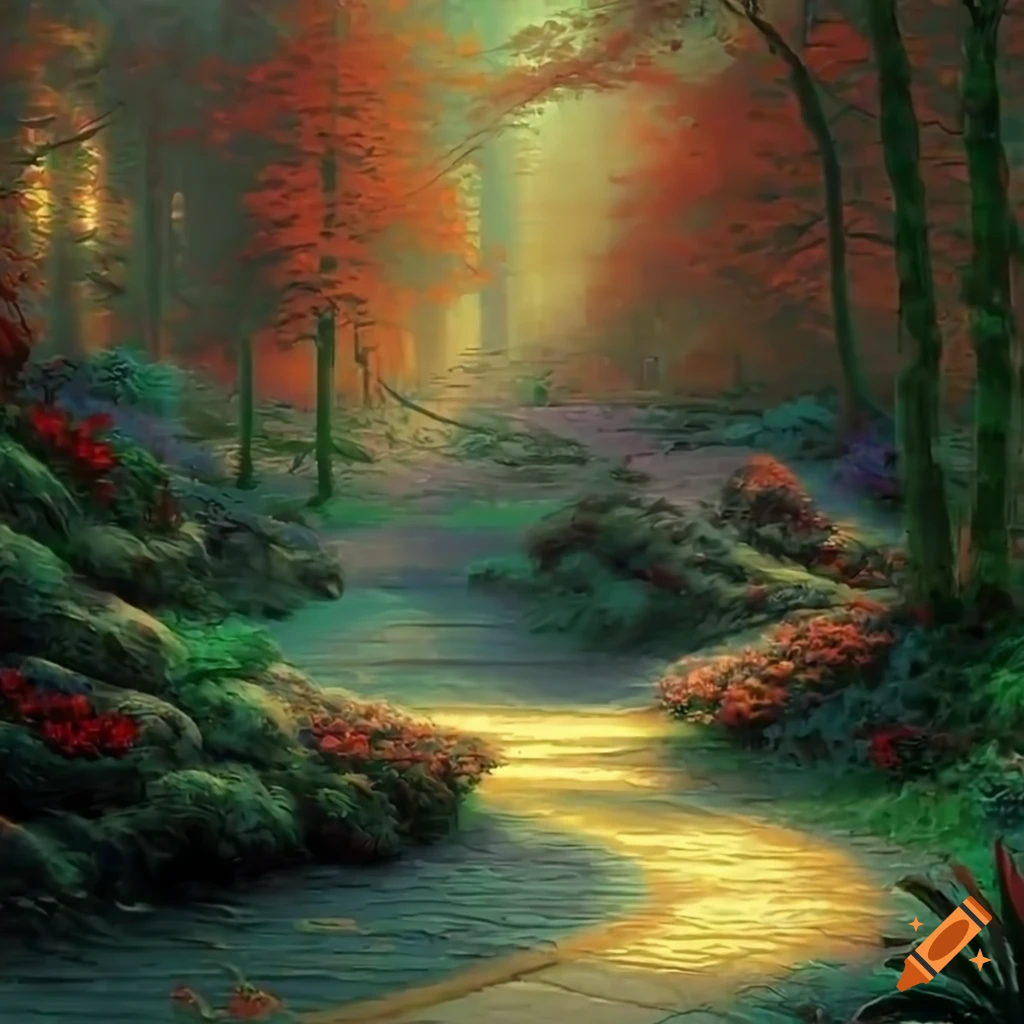 detailed painting of a mystical forest path