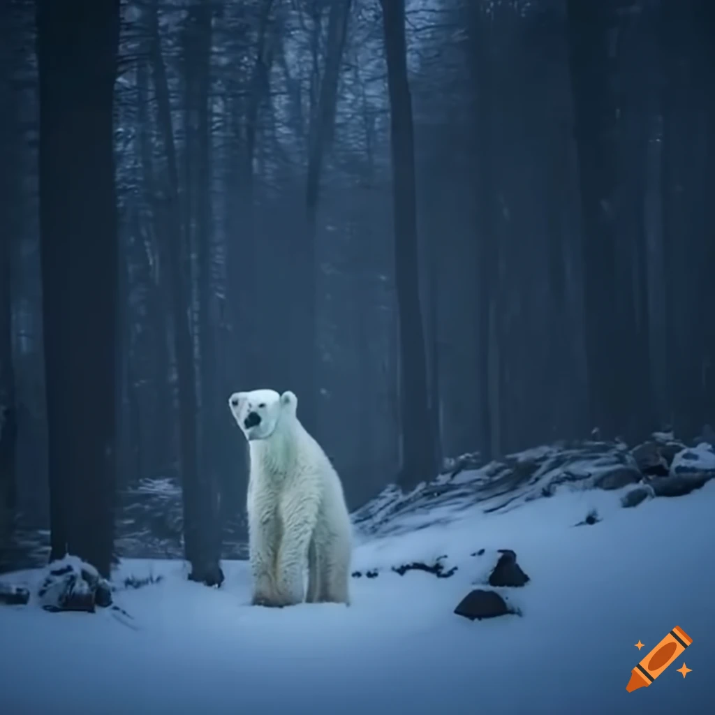 distorted polar bear in a dark snowy forest