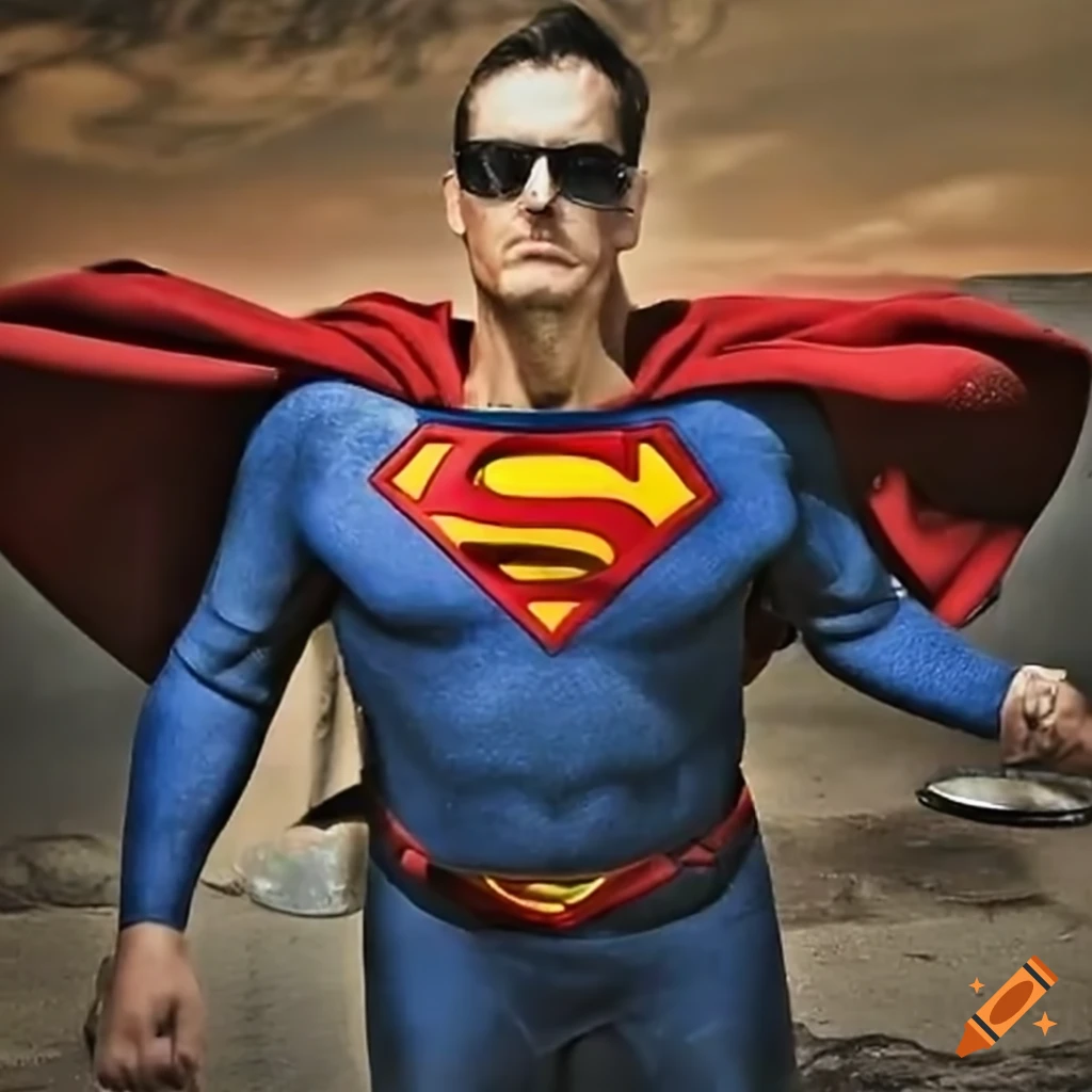 Humorous image of superman cleaning dishes at a roadside teastall on