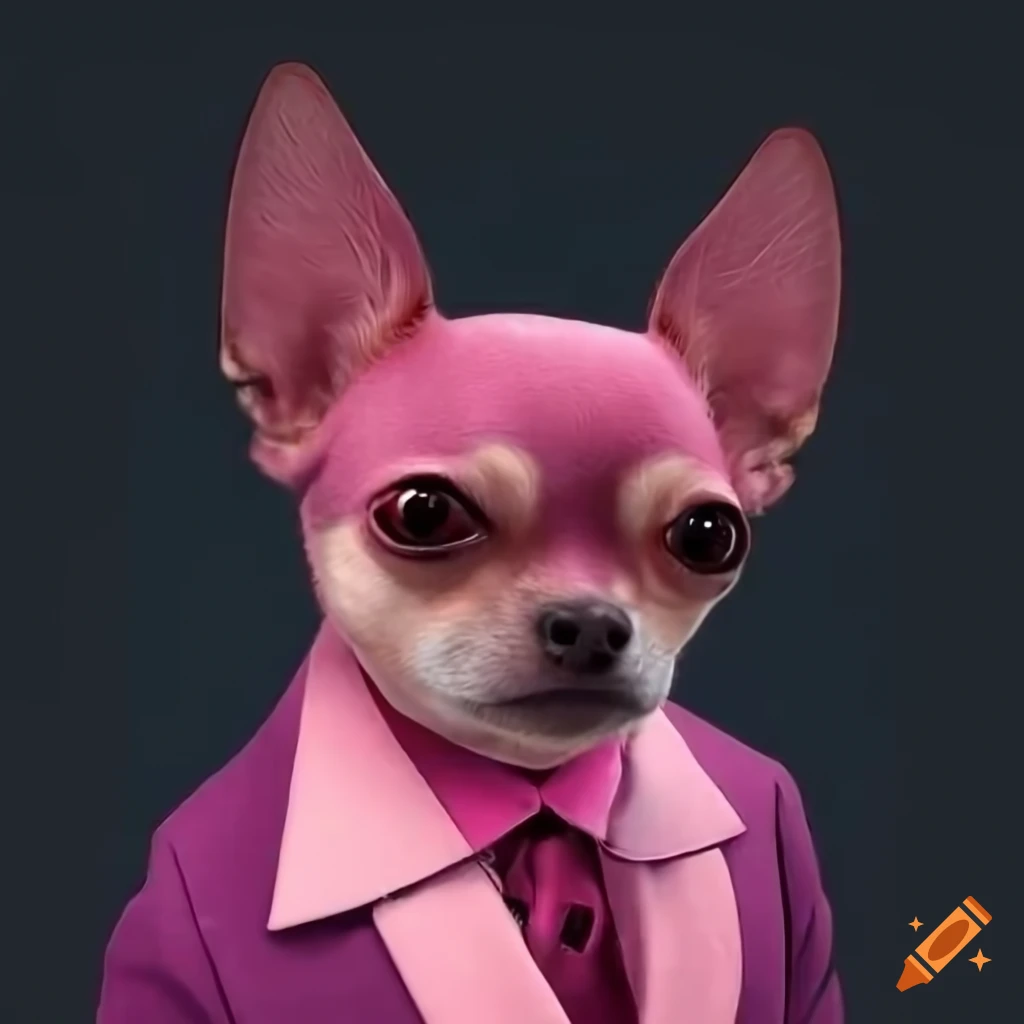 retrowave chihuahua in a pink suit and top hat
