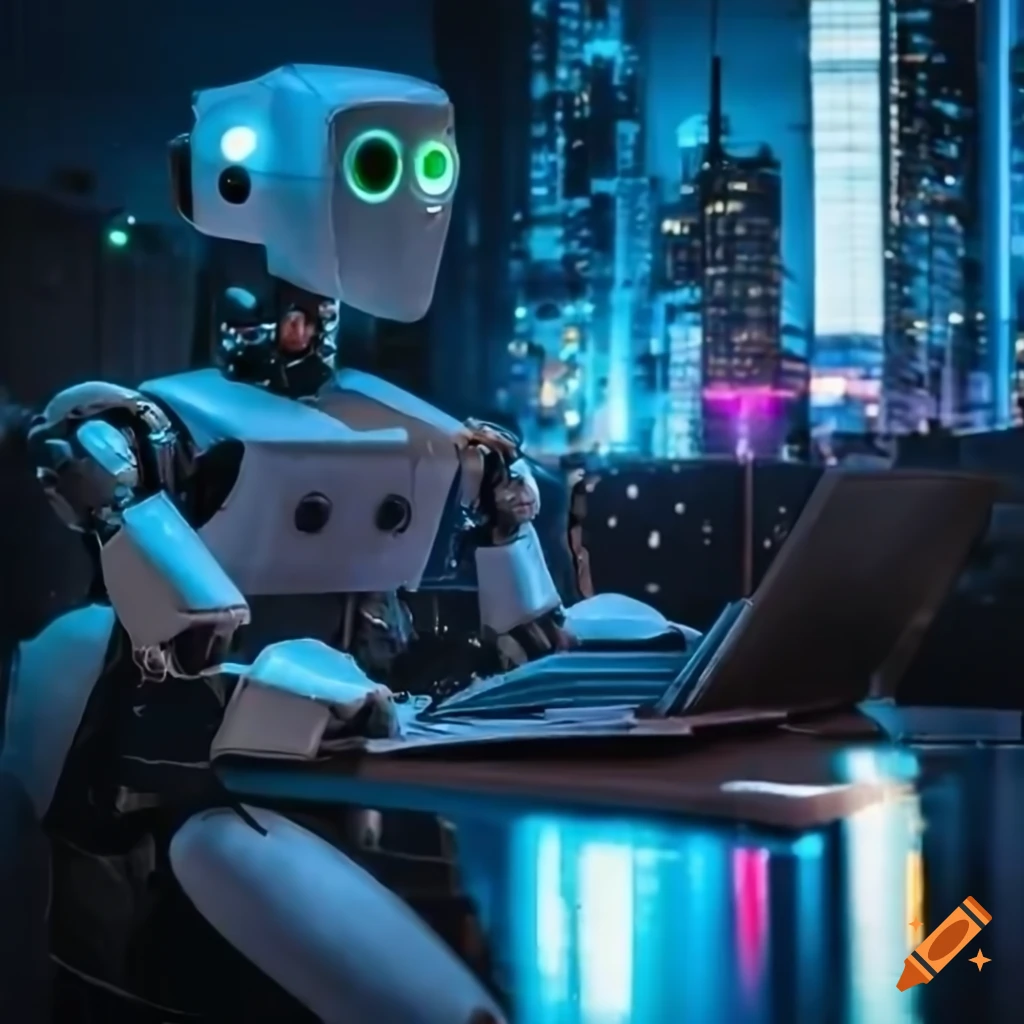 cyberpunk scene with robot and human interacting in a neon-lit city