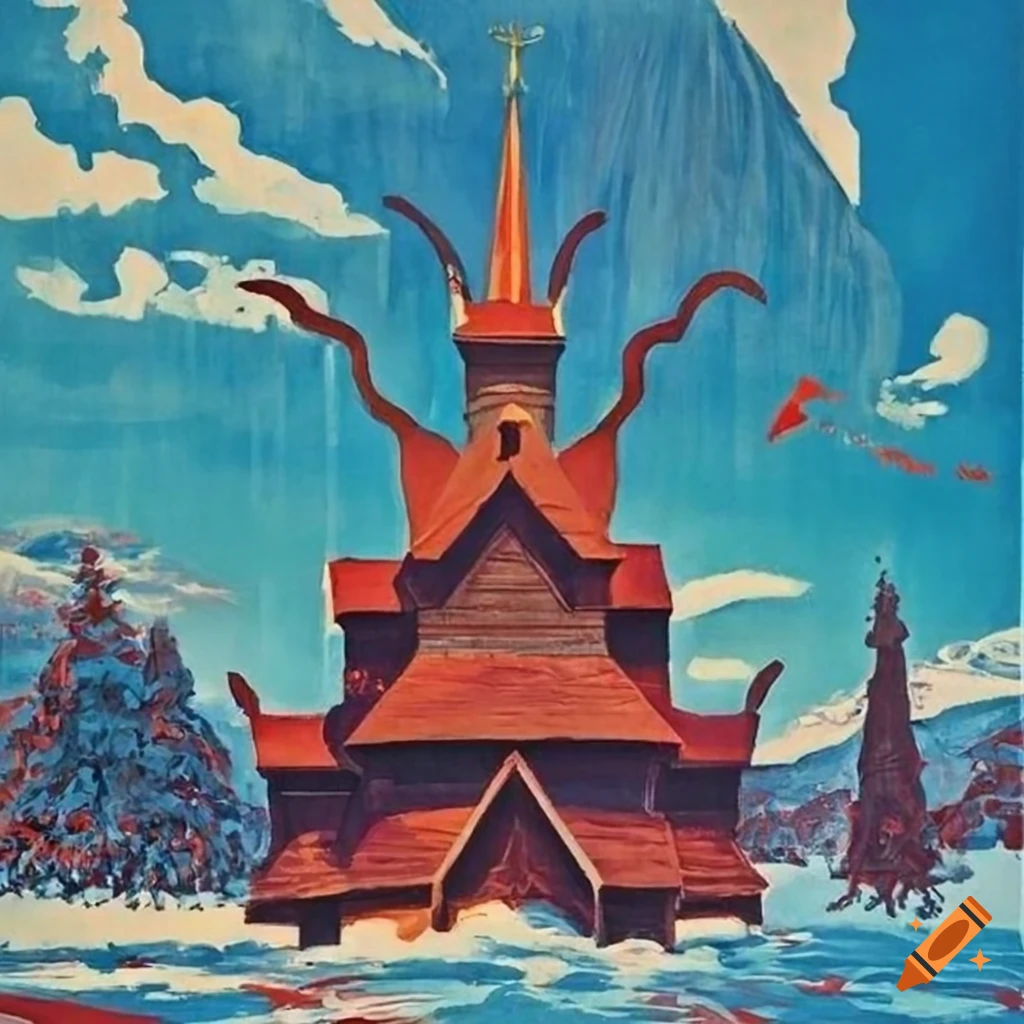 propaganda style postcard of Borgund Stave Church