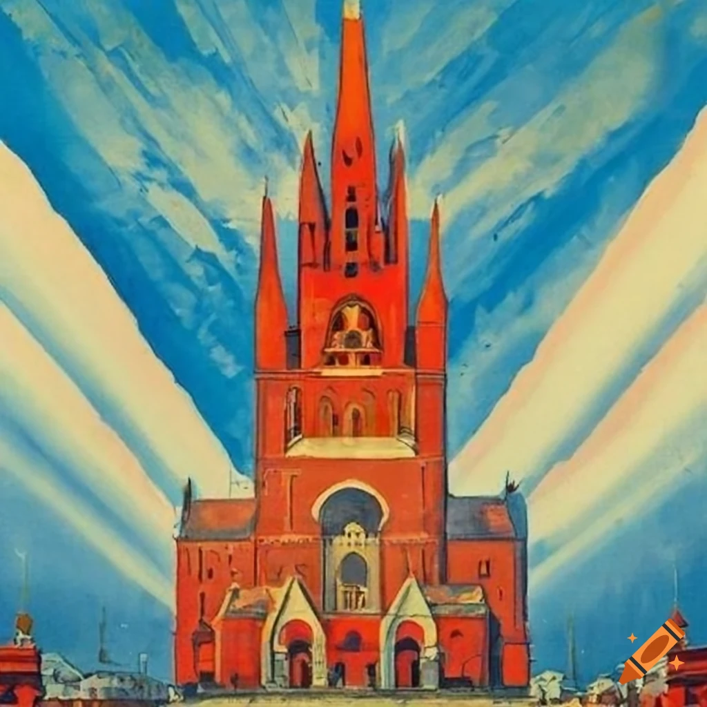 propaganda style postcard of the Helsinski Cathedral in Finnish flag colors