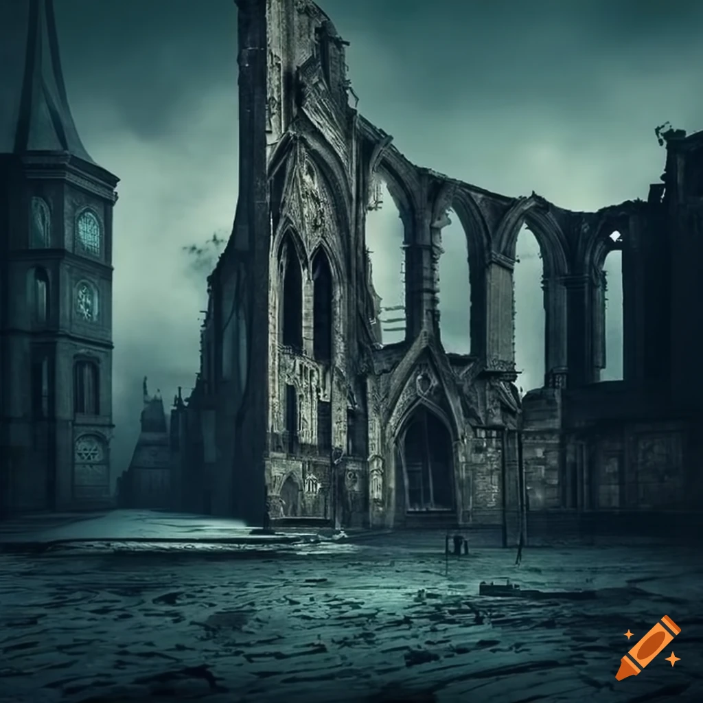 gothic city ruins with towering architecture