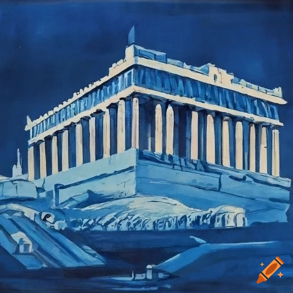 blue and white propaganda poster of Parthenon