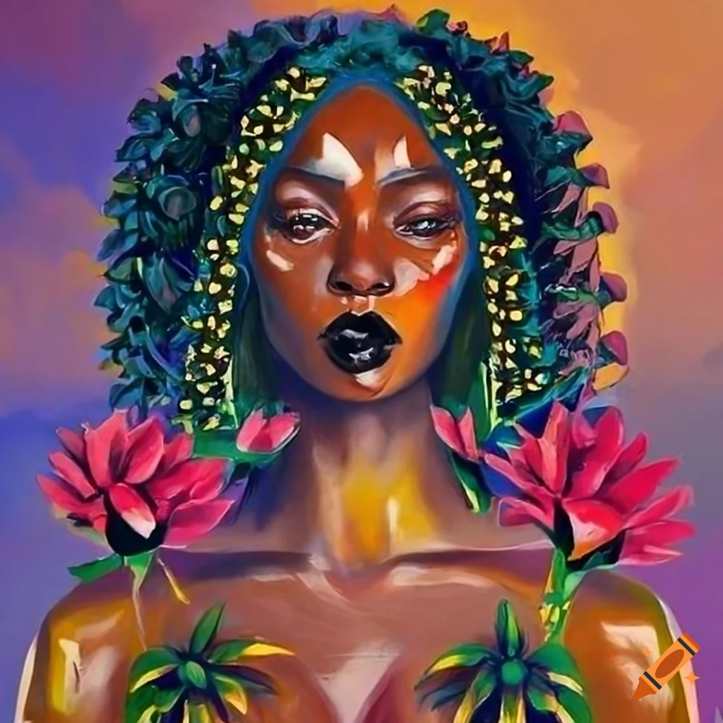 intricate afrofuturistic painting of three women with flowers in their hair