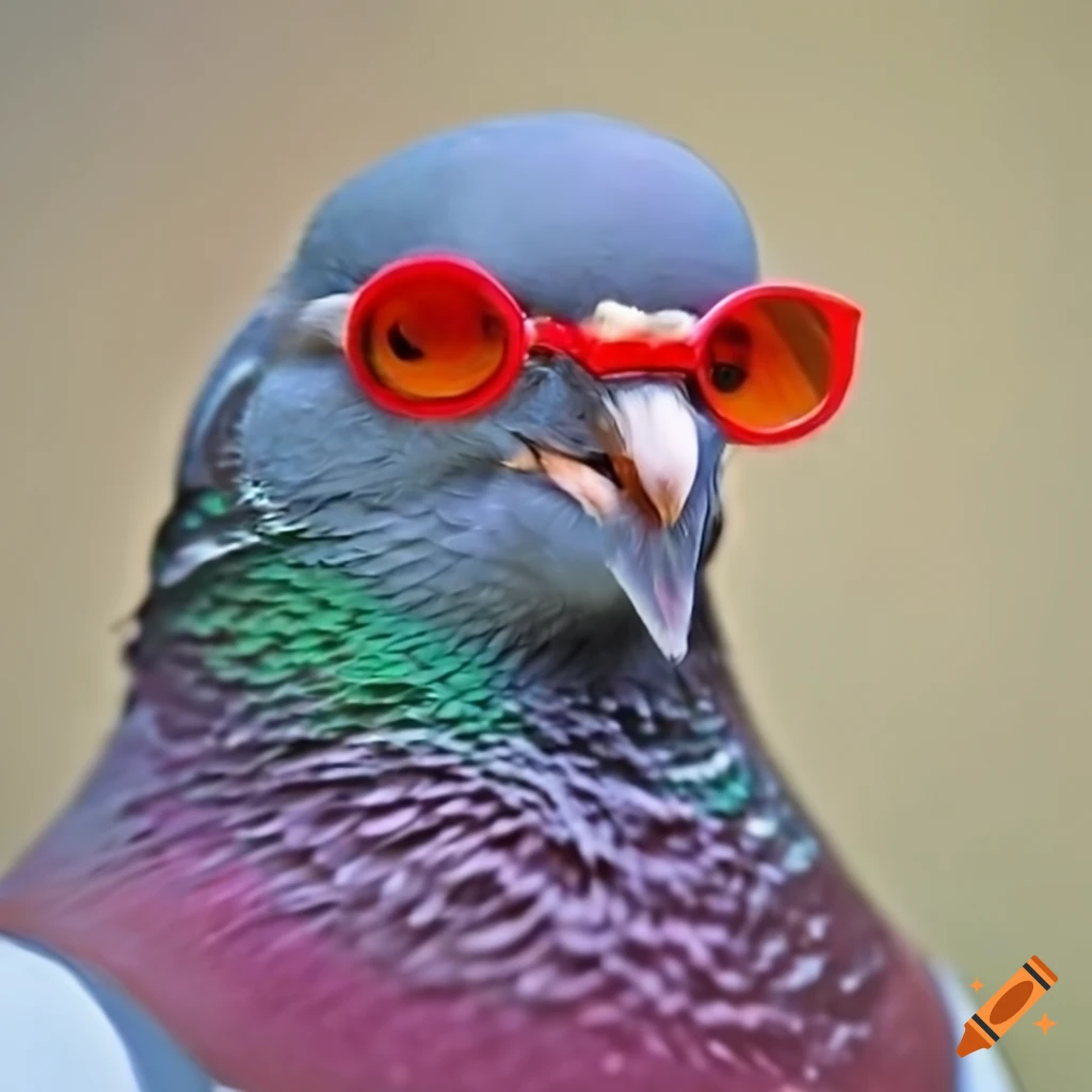 Pigeon wearing red glasses and smiling