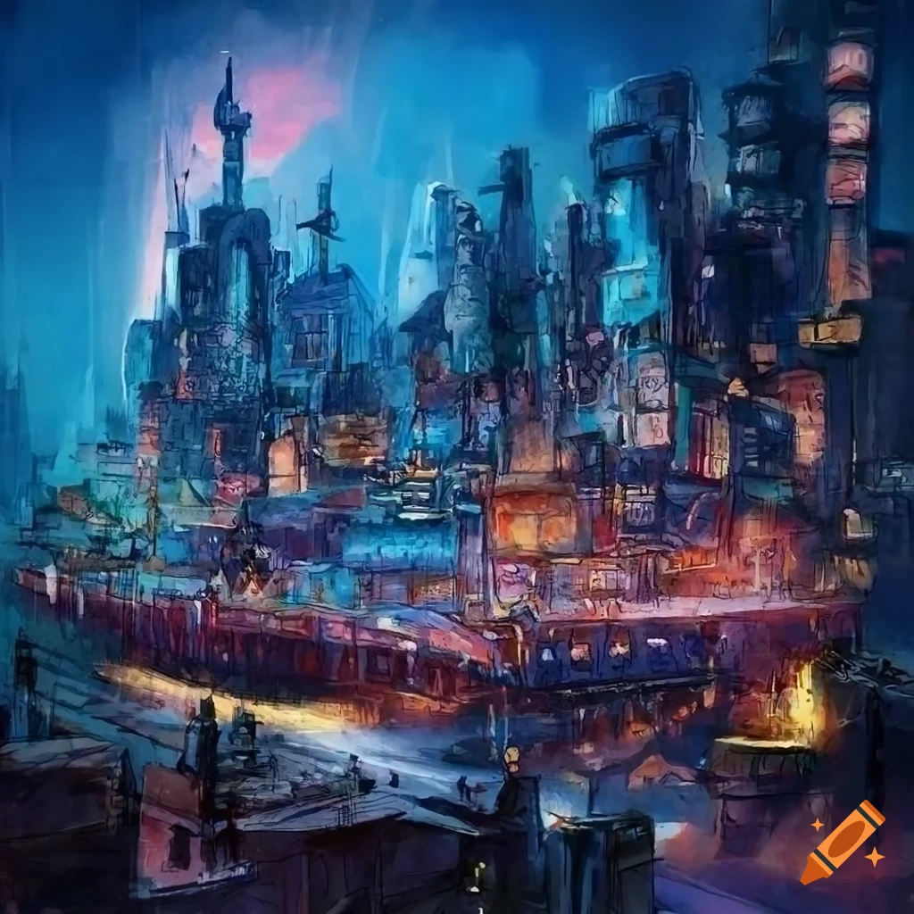 Night cityscape with steampunk and cyberpunk elements on Craiyon