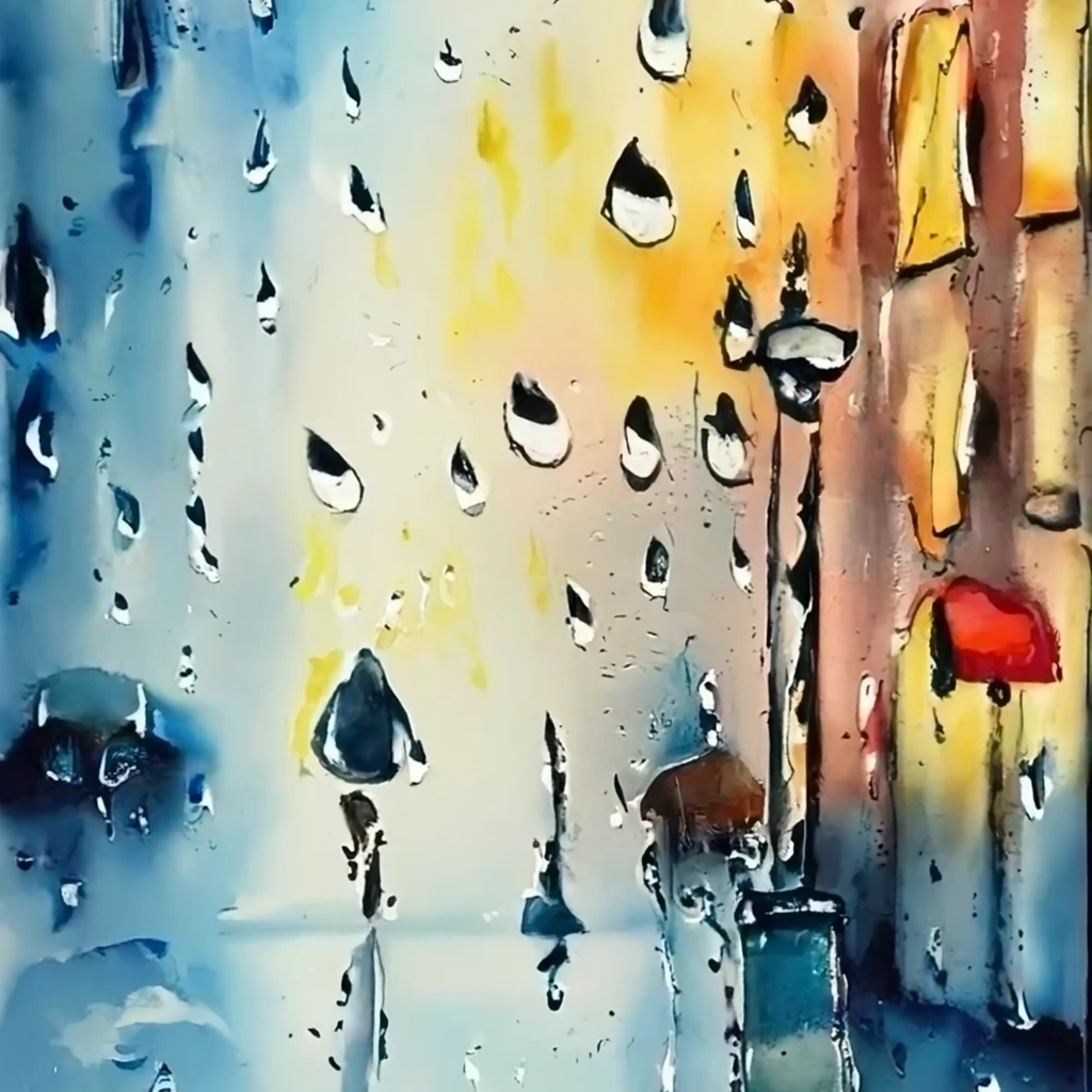 watercolor painting of raindrops on a window