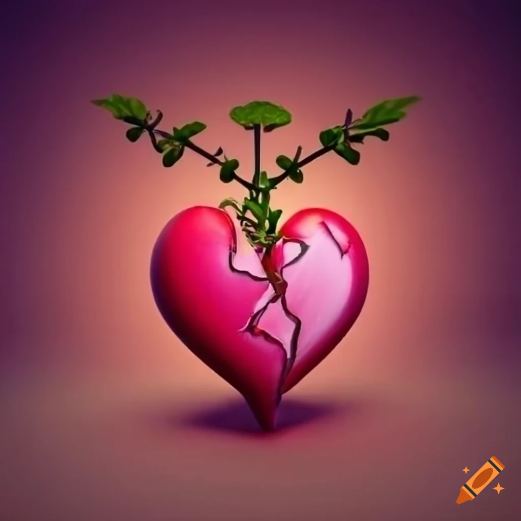 Symbolic artwork of a broken heart with a flower growing inside on Craiyon