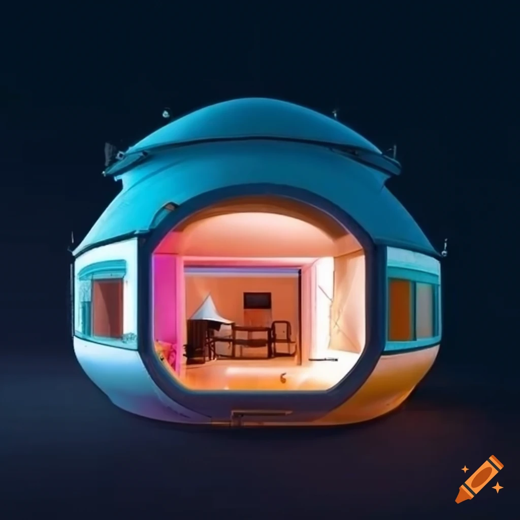 retro-futuristic modular pop-up camper in a cyberpunk style