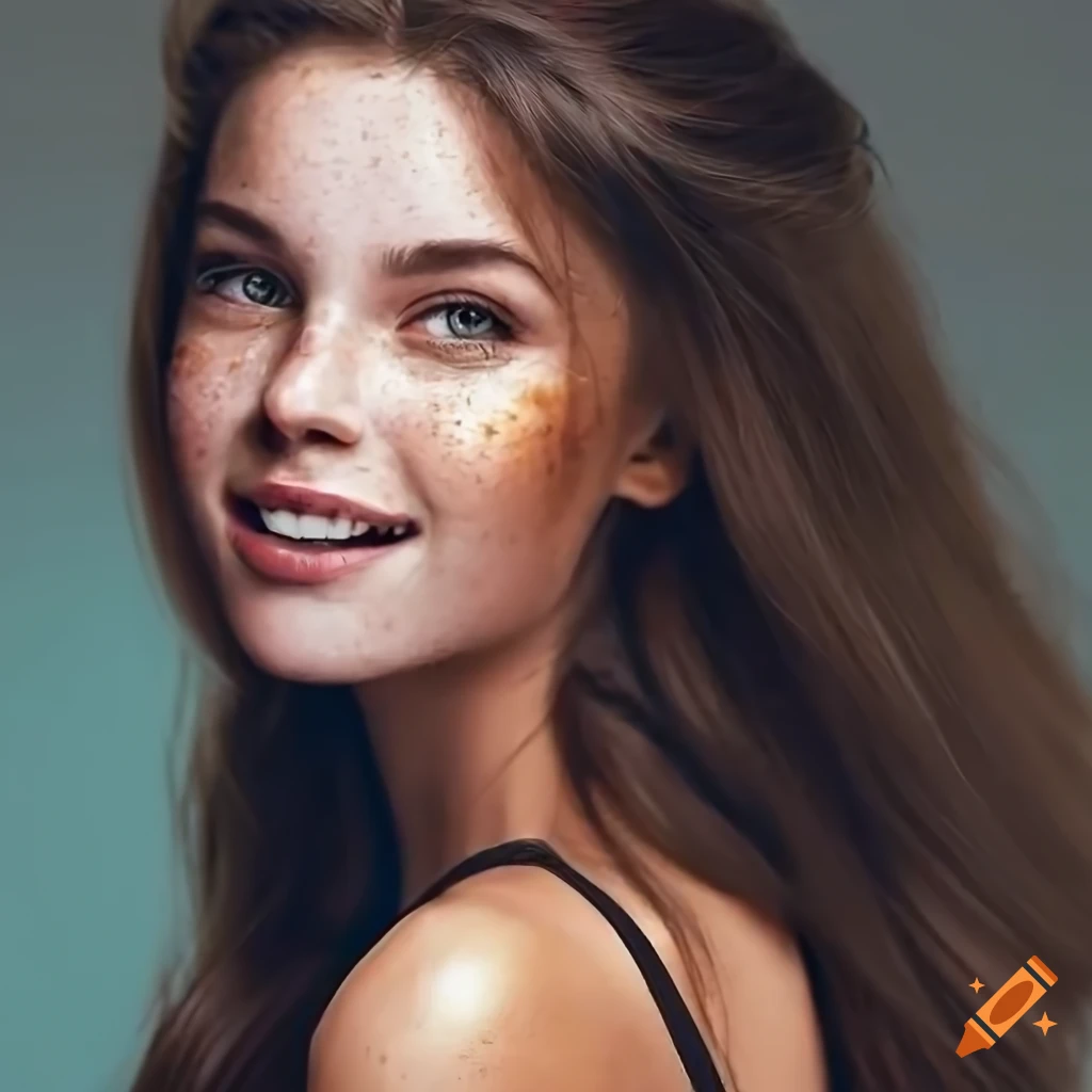 Stunning portrait of a young woman with freckles and dark brown hair on ...