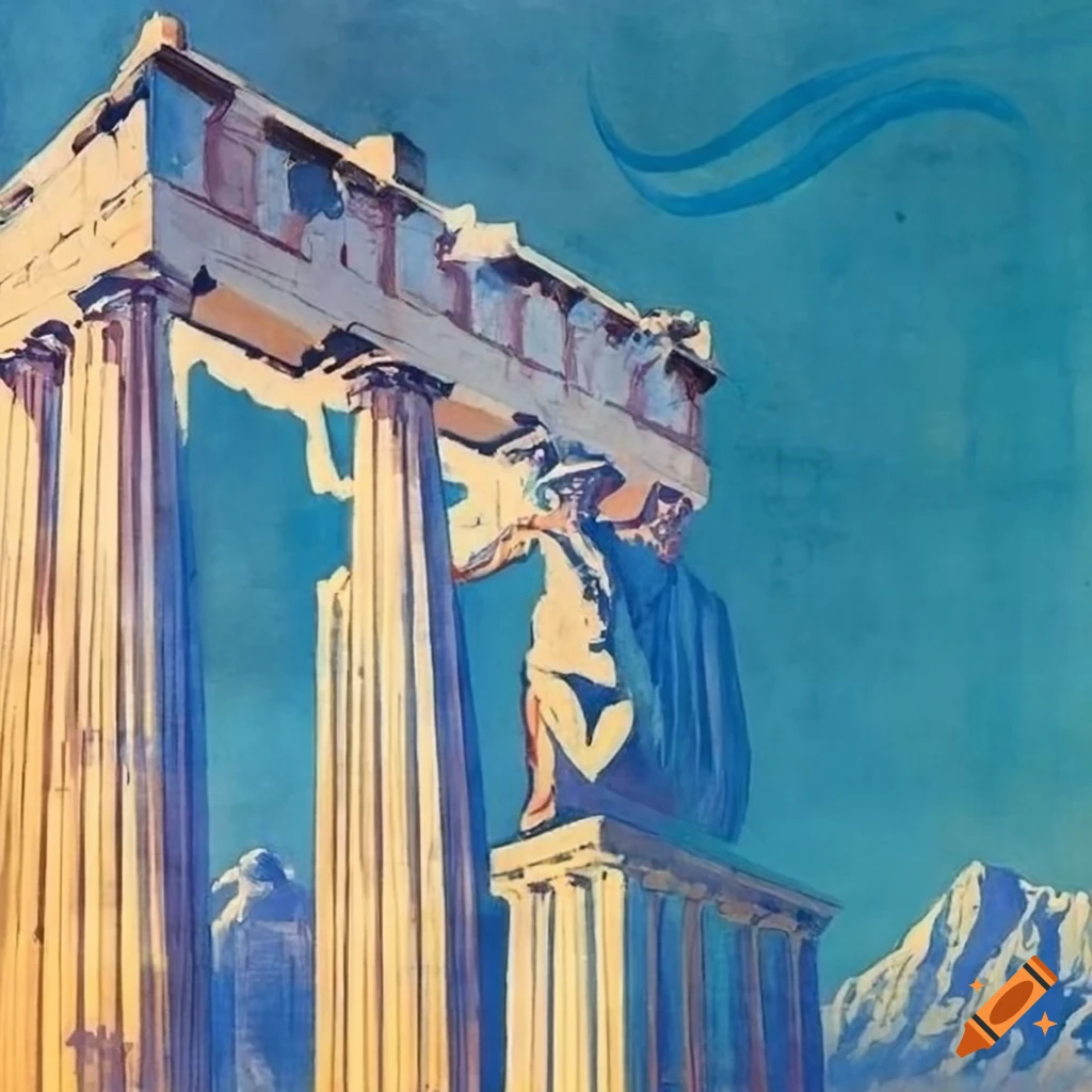 blue and white propaganda poster of Parthenon