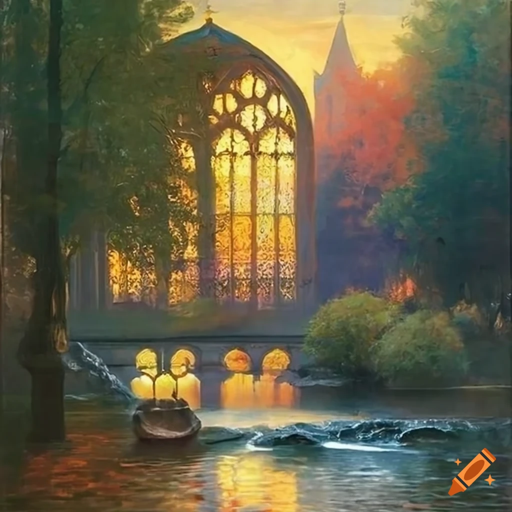 painting of a Victorian garden with a pond and cathedral window