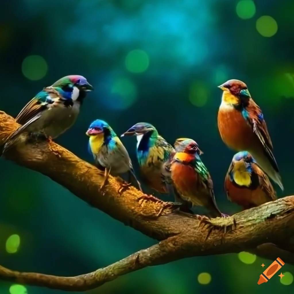 Colorful sparrows on a tree in an enchanted forest on Craiyon