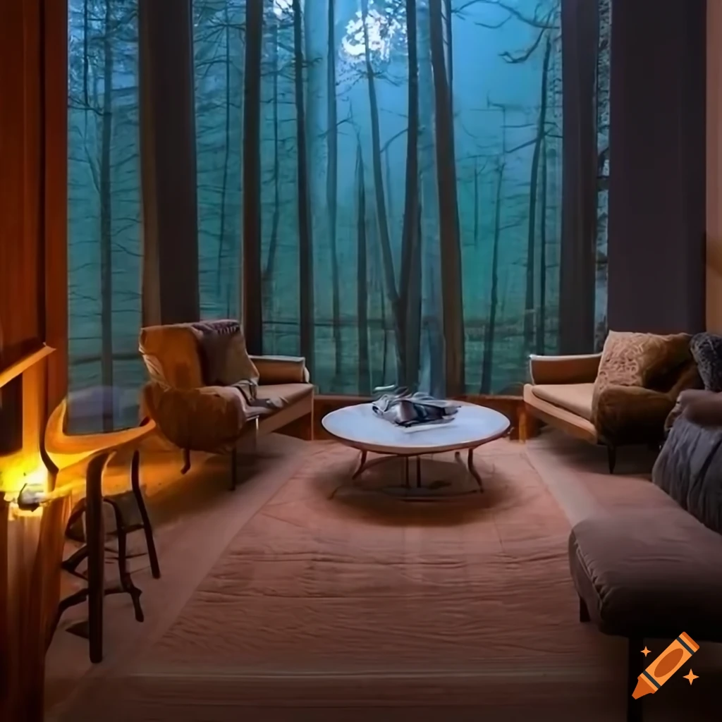 Cozy living room with a view of lush forest on Craiyon
