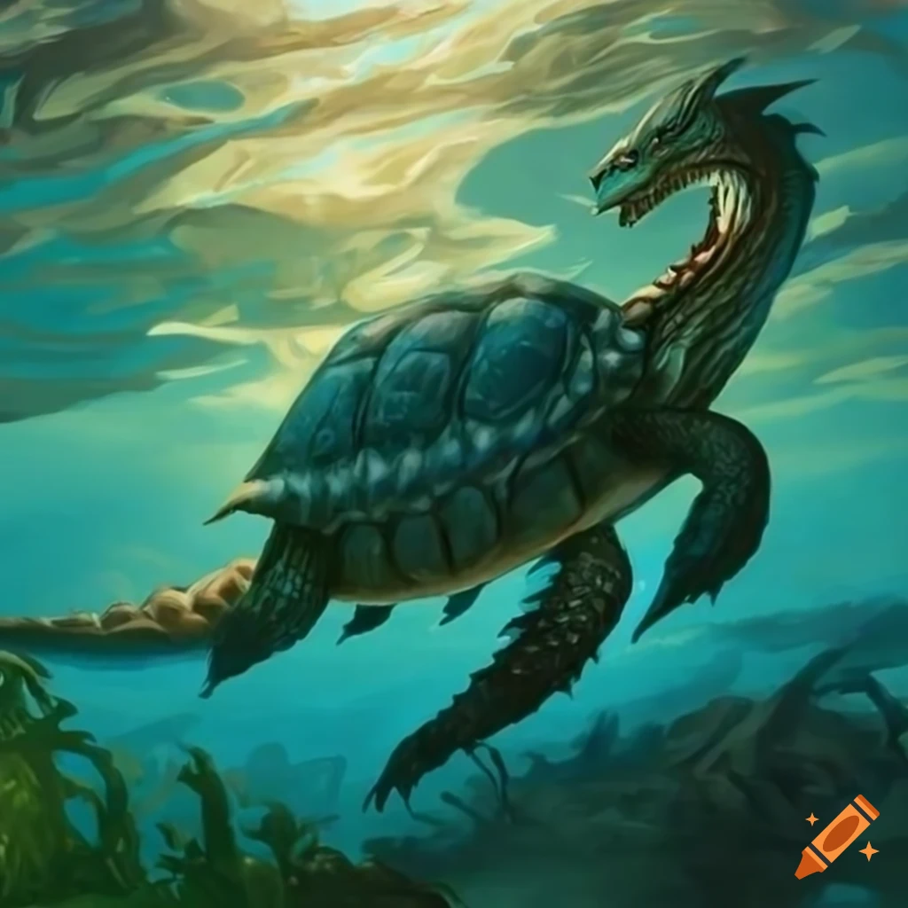 Detailed artwork of an aquatic dragon turtle on Craiyon
