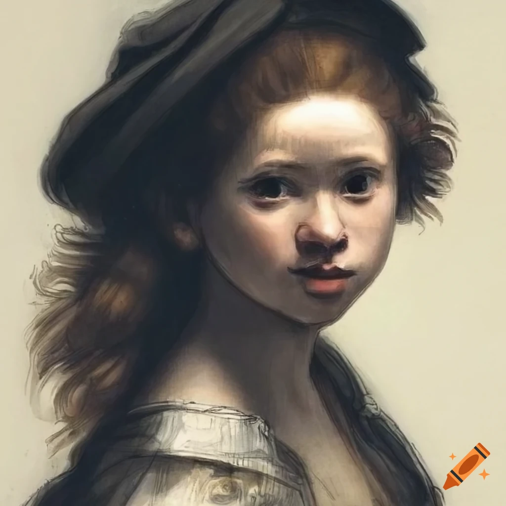 black and white drawing of a girl with flowing hair