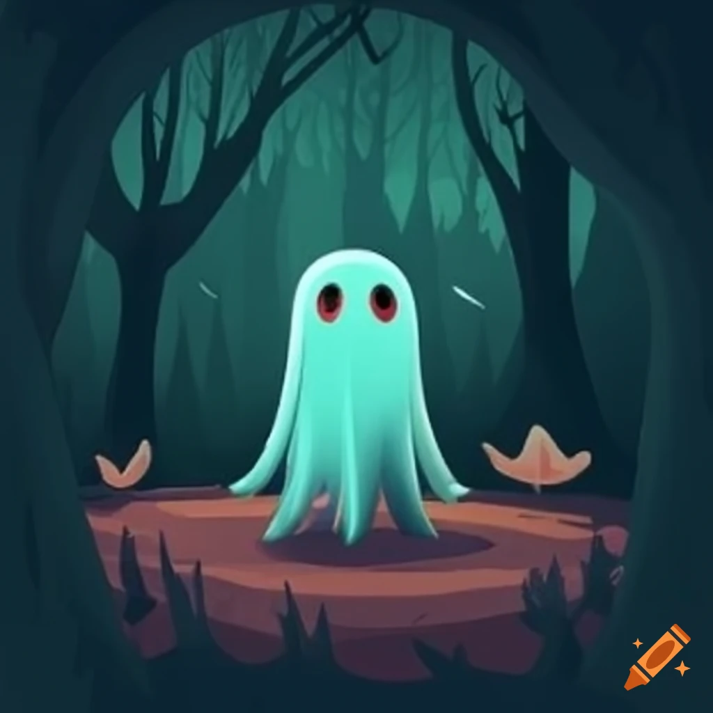 chibi ghost in a spooky forest
