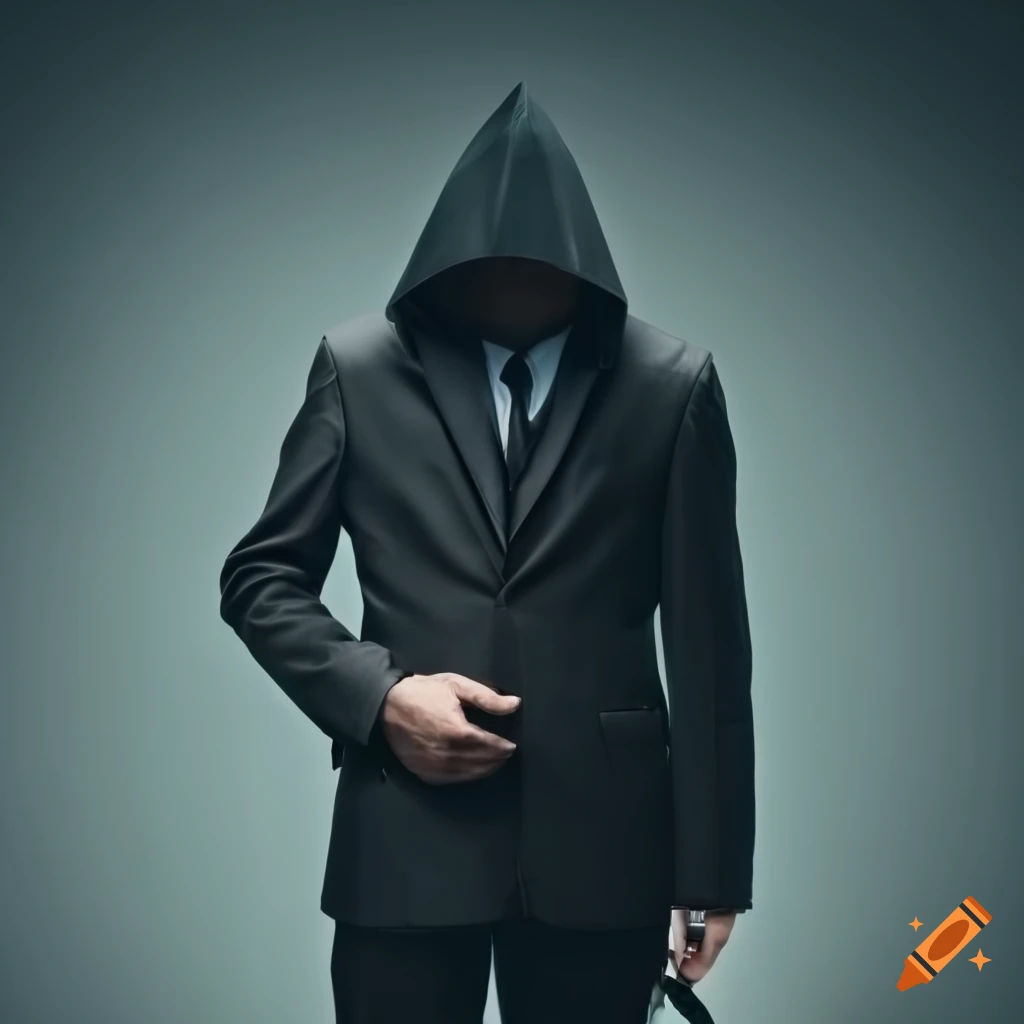 business man in a suit with a black hood