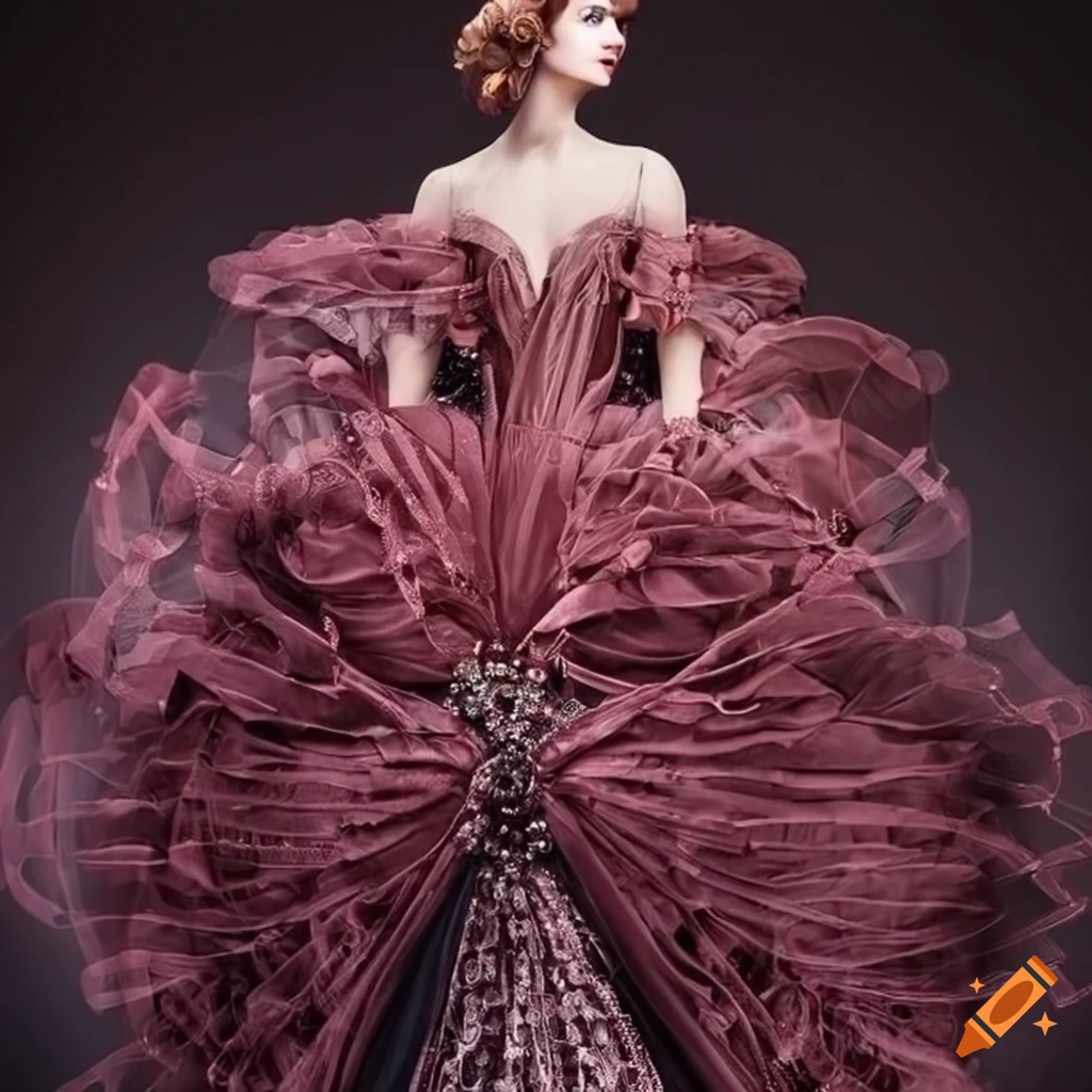 exquisite haute couture dress with unique pattern and headpiece