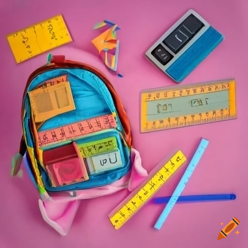 colorful school supplies spread out around a backpack