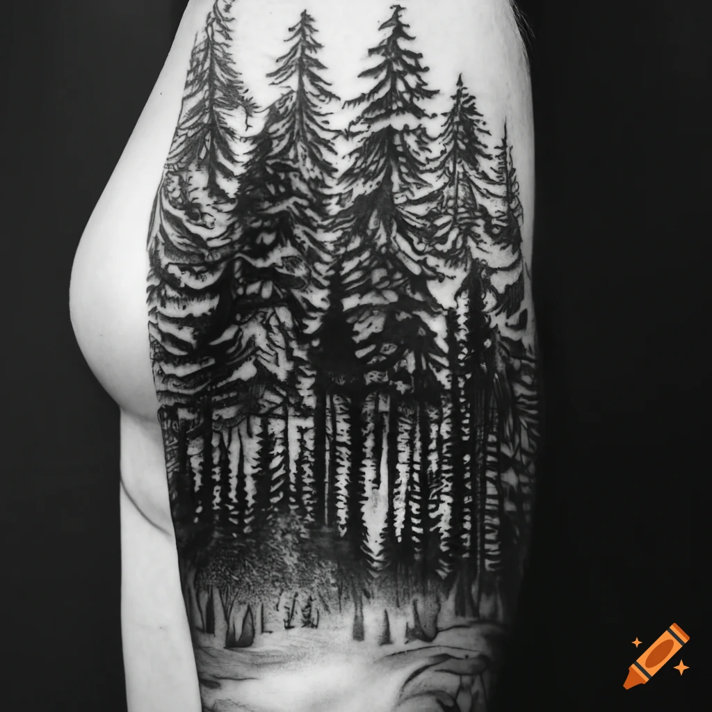 Black and white forest tattoo on arm on Craiyon