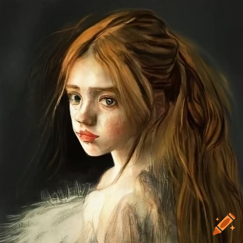 Charcoal drawing of a girl with flowing hair on Craiyon