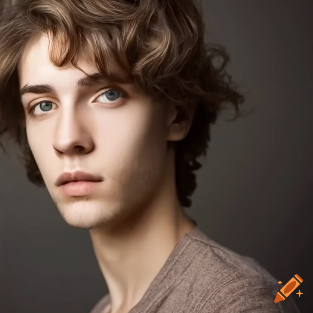 portrait of a young man with shoulder-length wavy brown hair