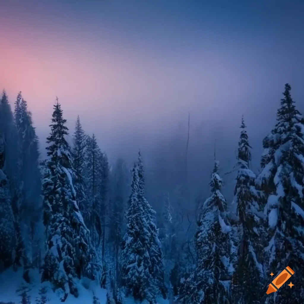 snowstorm over a pine forest and mountains