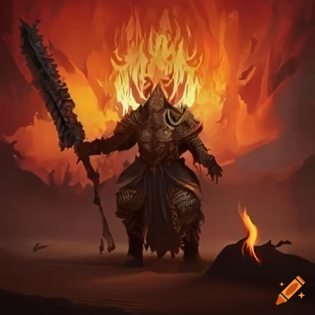 image of a warrior battling monsters in a fiery desert