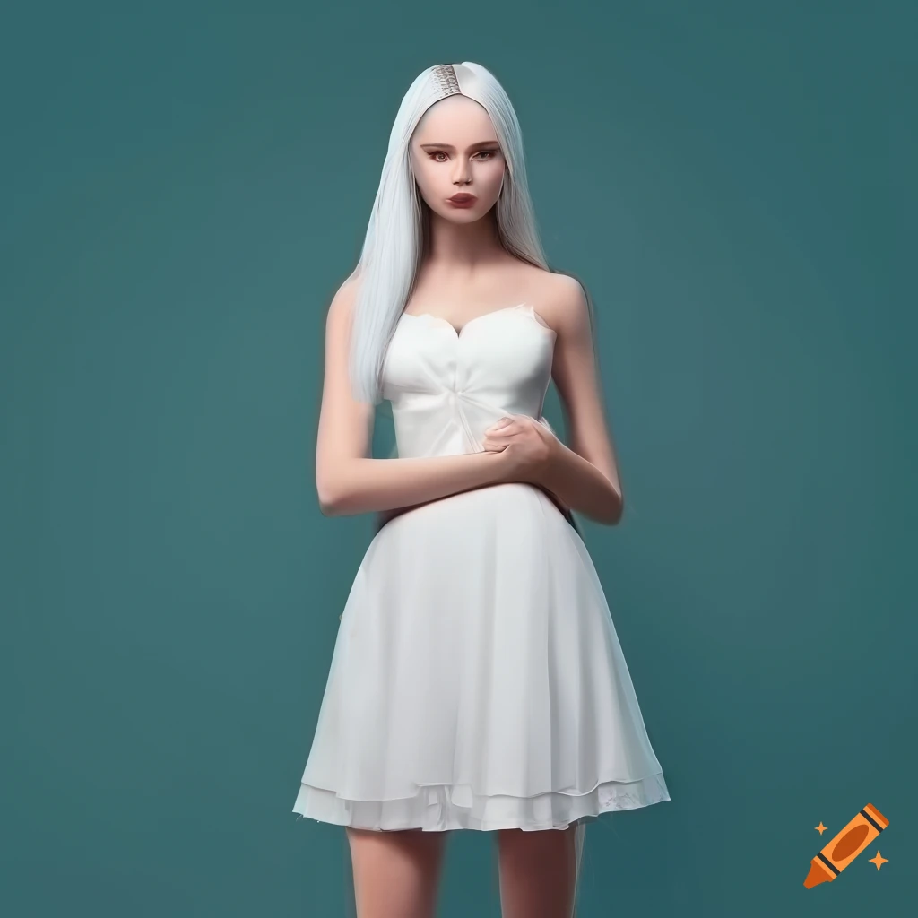Portrait of a young woman with long white hair and silver eyes on Craiyon