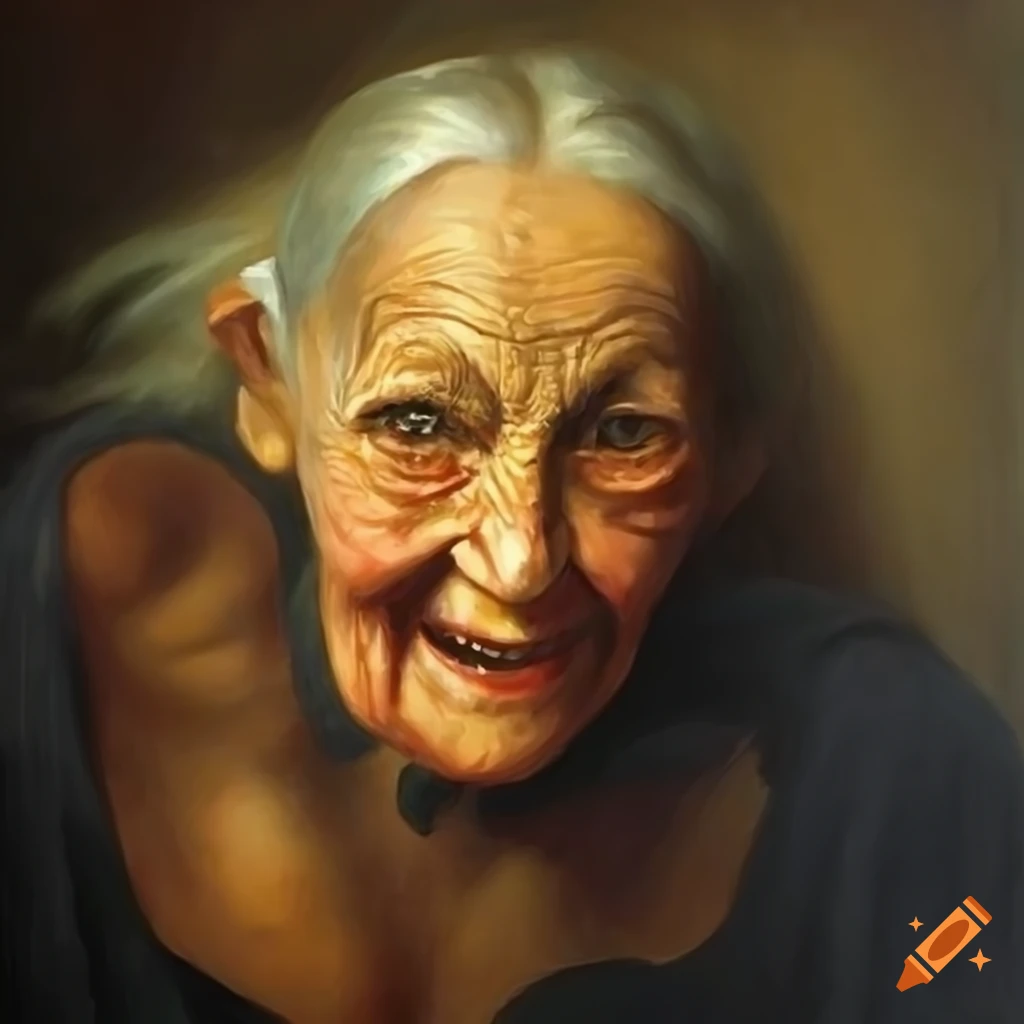 Oil painting of a smiling old witch
