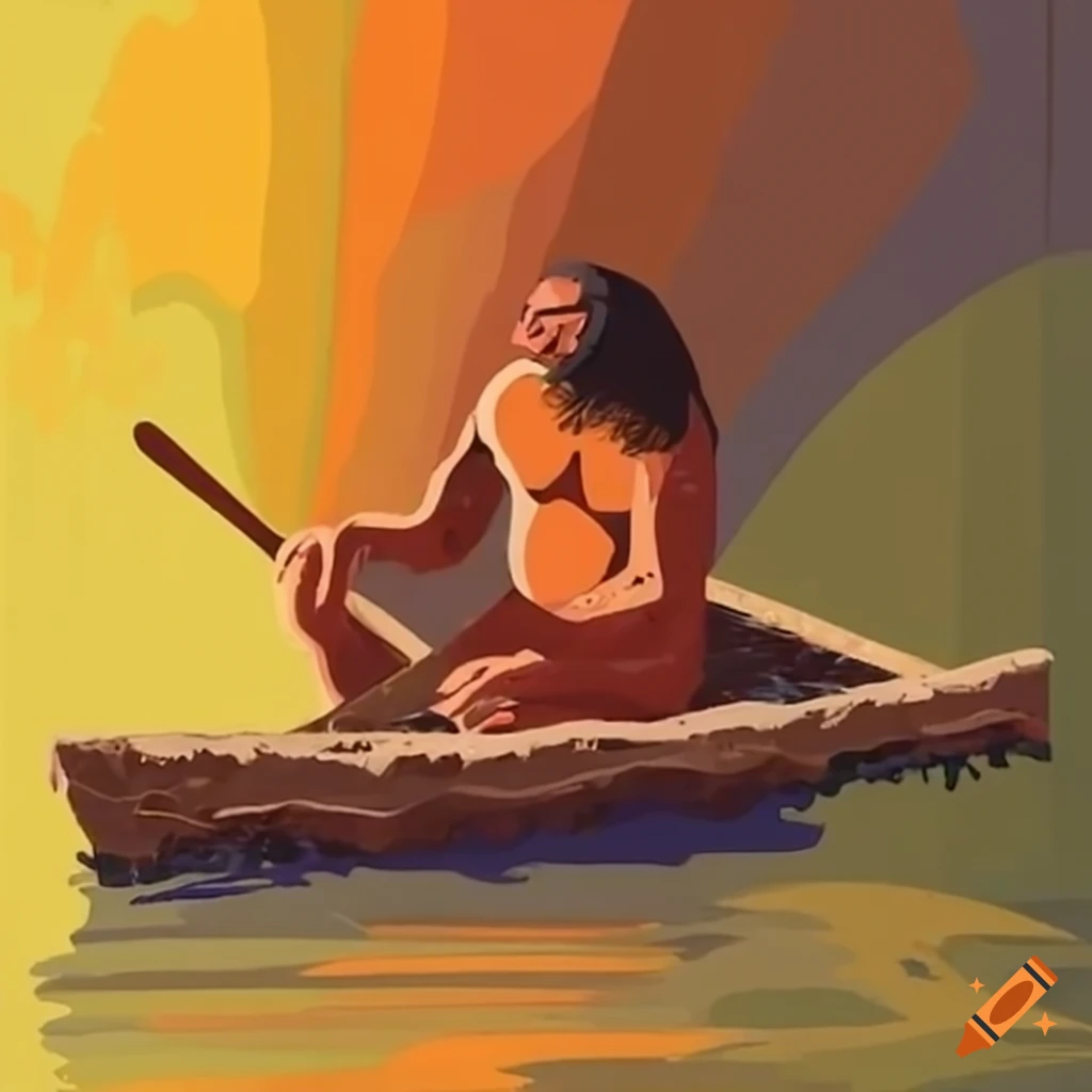 illustration of a caveman rowing a log boat