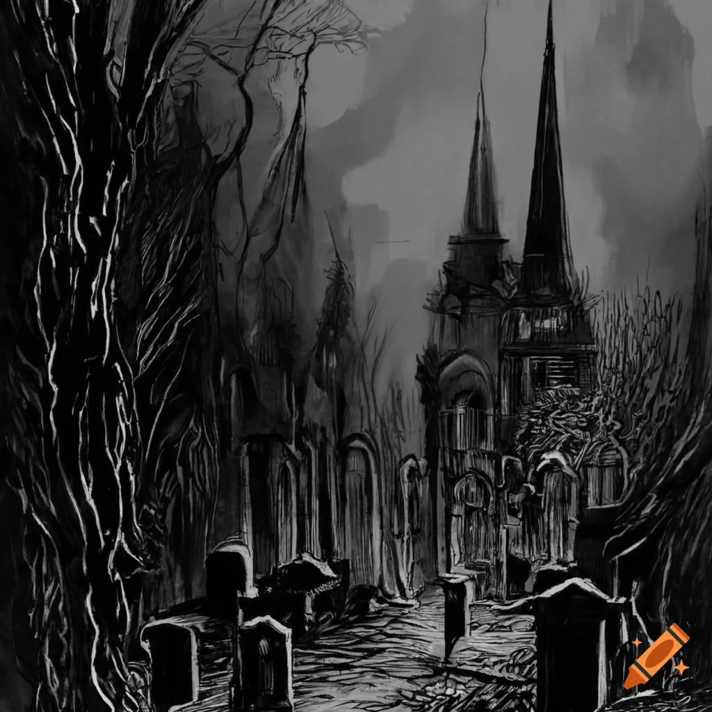 Black and white pen and ink drawing of a graveyard at night on Craiyon