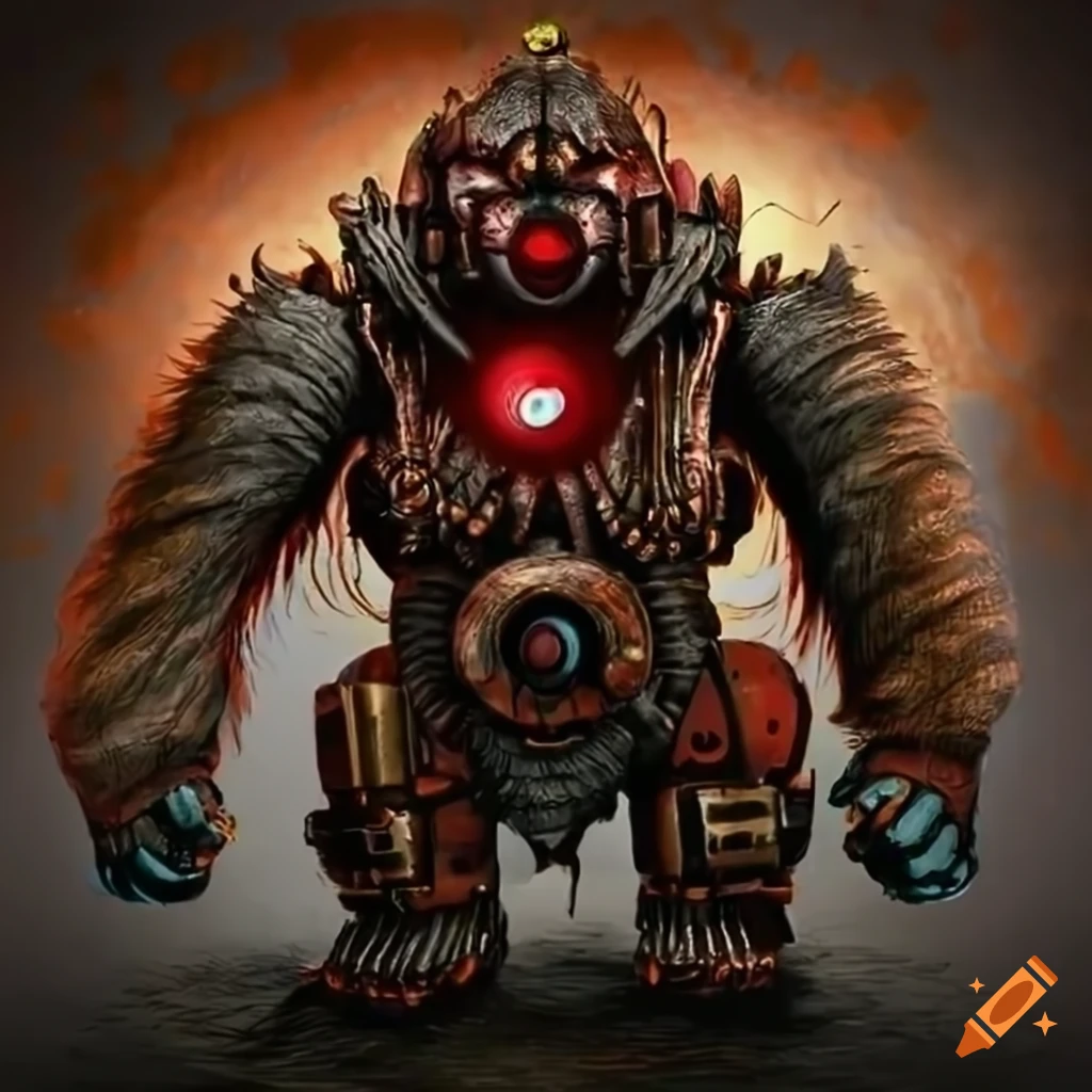 scary steampunk robot gorilla with red eyes