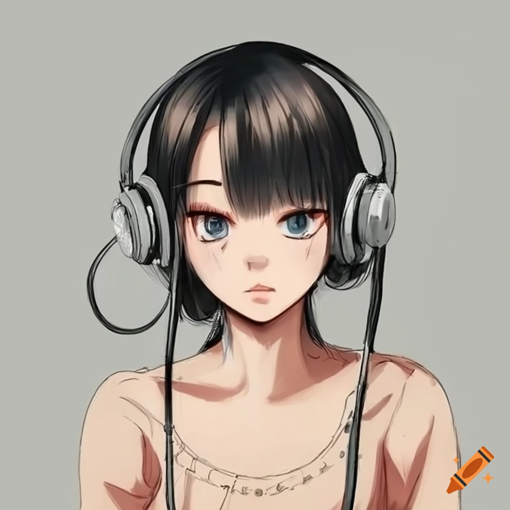 girl with long black hair wearing headphones