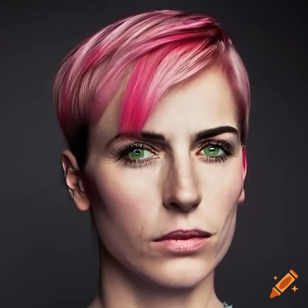 image of a futuristic-looking woman with short pink hair and green eyes