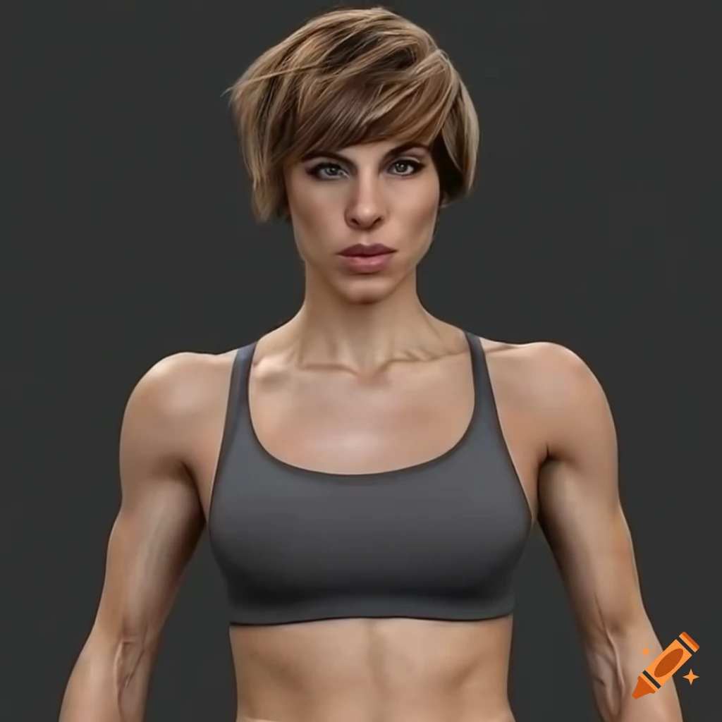  Fit woman with short cropped hair in gym clothes on Craiyon
