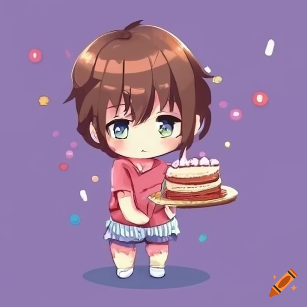 Cute chibi anime character holding a cake on Craiyon