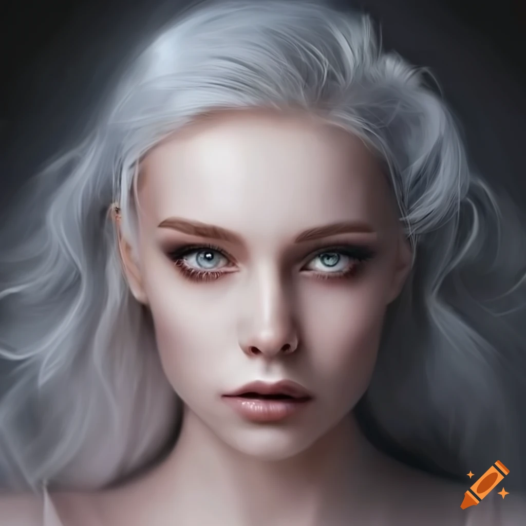 Portrait of a mesmerizing woman with white blond hair and silver eyes ...