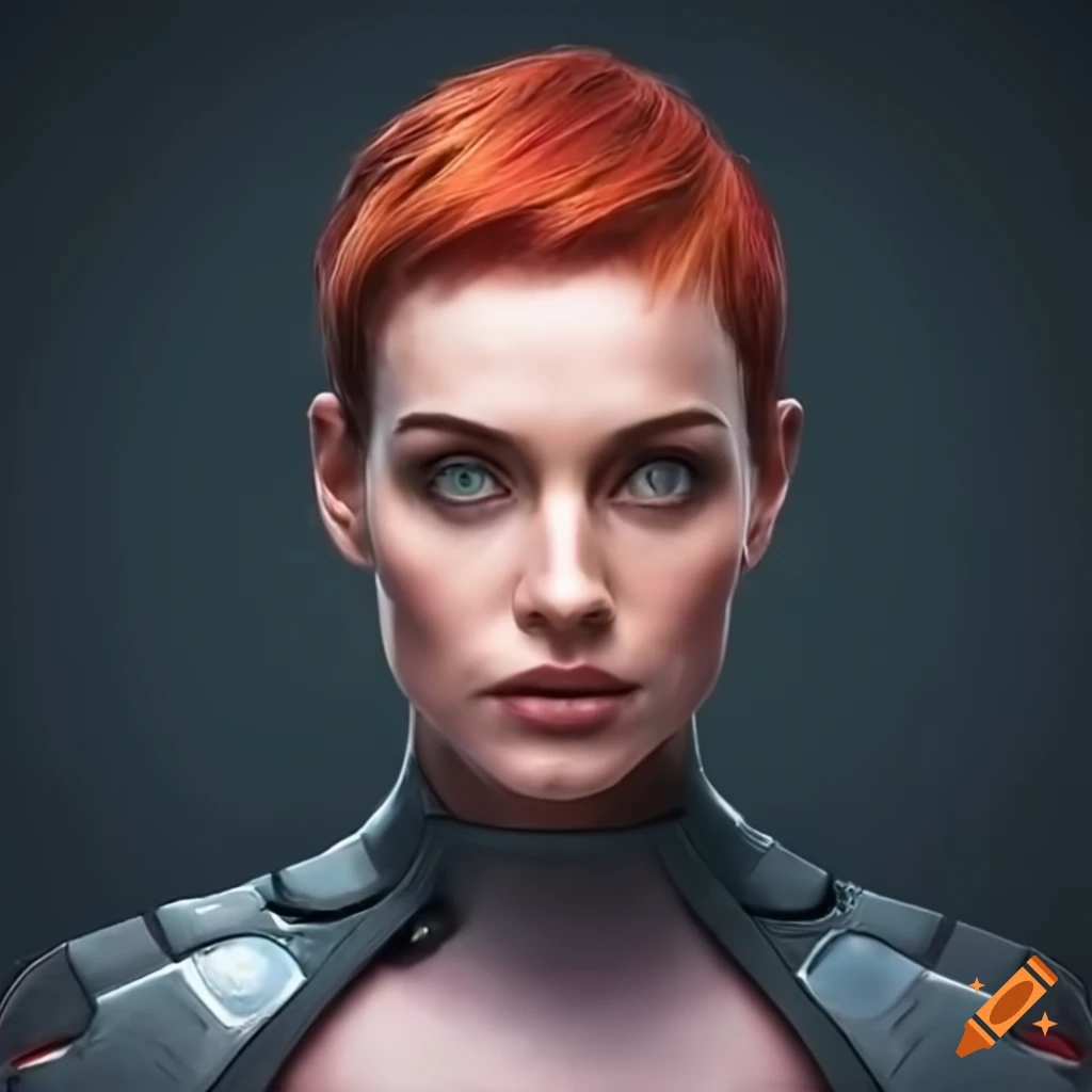 character design of a strong woman with red hair and futuristic clothing