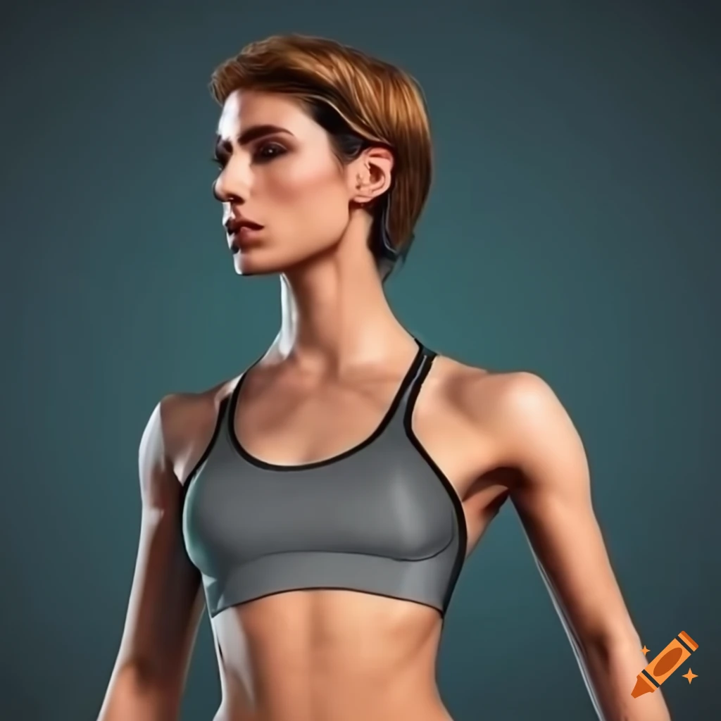 character design of a futuristic woman with short hair and athletic build