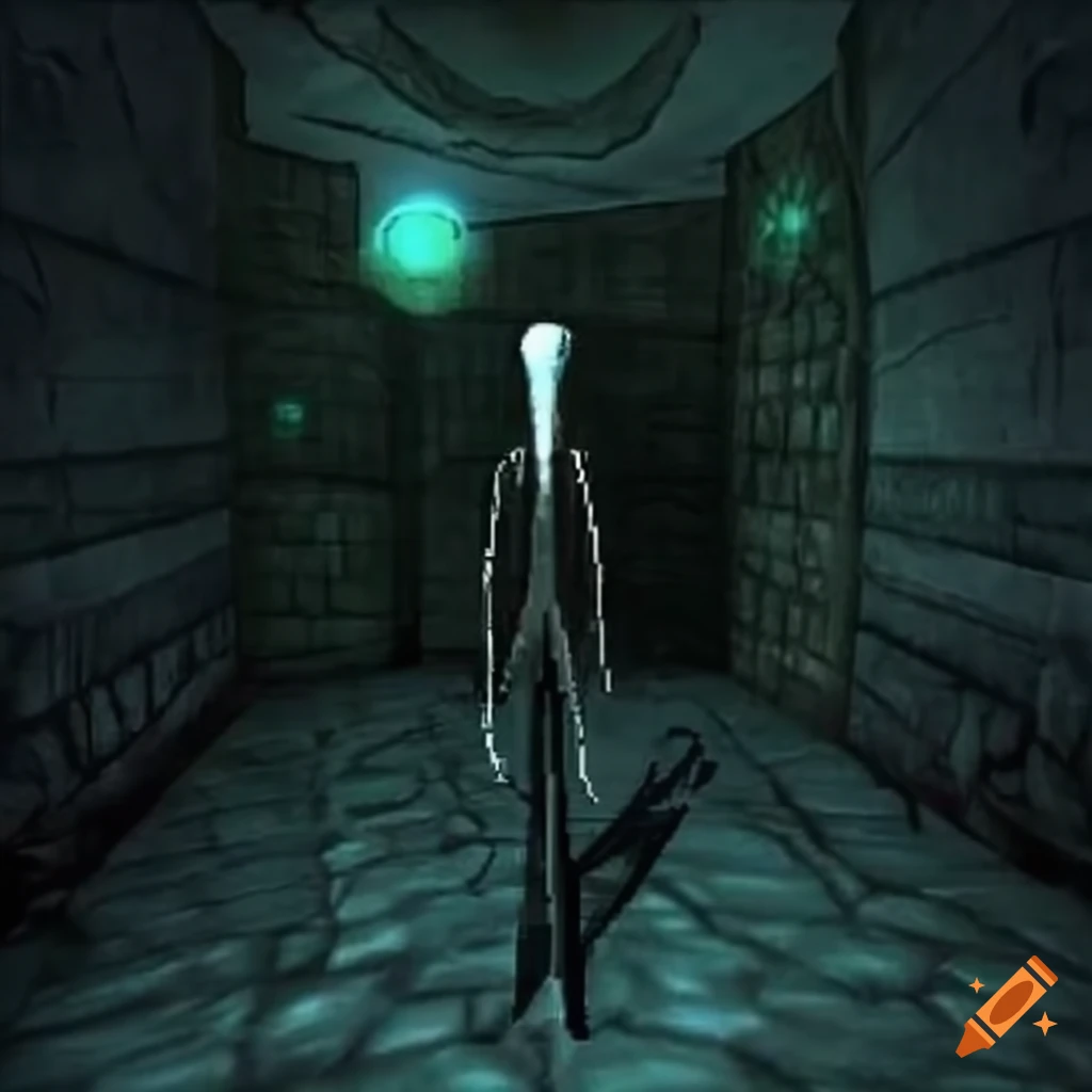 screenshot of Slenderman in a cosmic horror PS1 game