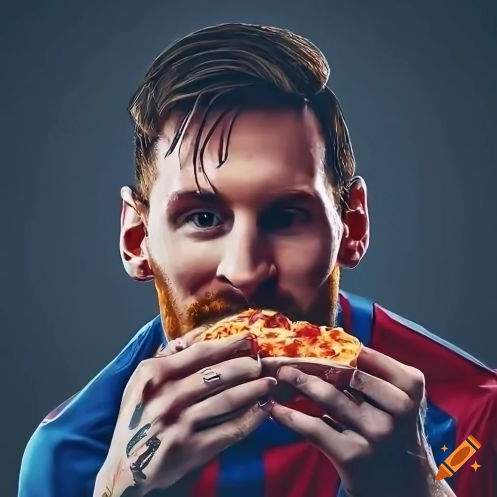 photograph of Lionel Messi enjoying a pizza