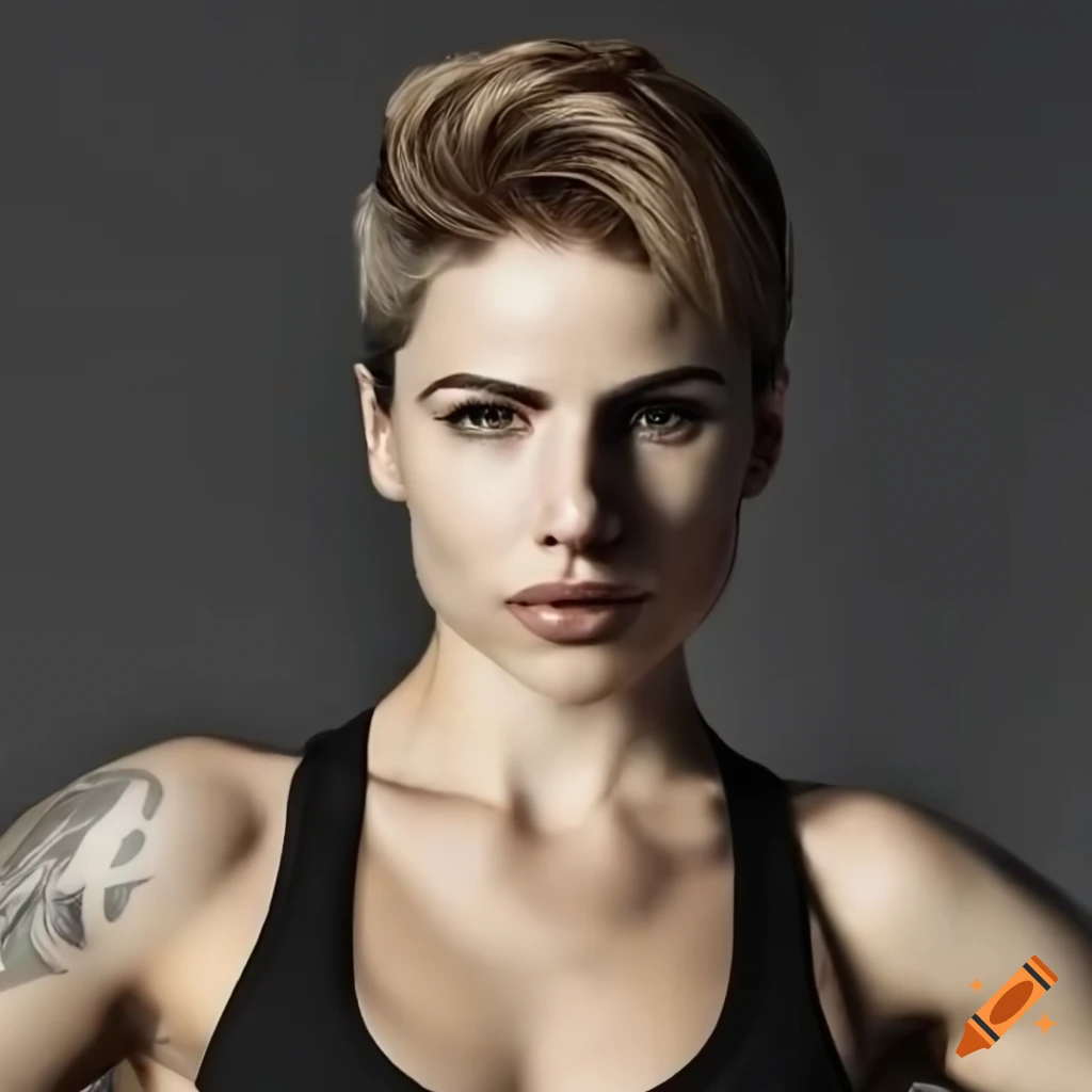 portrait of a futuristic woman with short hair and athletic attire